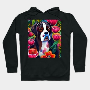 Boxer Dog Floppy Ears Puppy Whimsical Portrait Hiding in Wildflowers Secret Garden Digital Art Watercolor Painting Hoodie